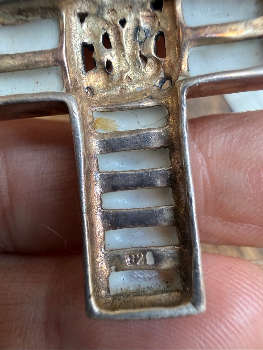 Vintage Sterling Silver 925 Mother of Pearl Cross Pendant Lg Artisan Religious - Picture 5 of 9